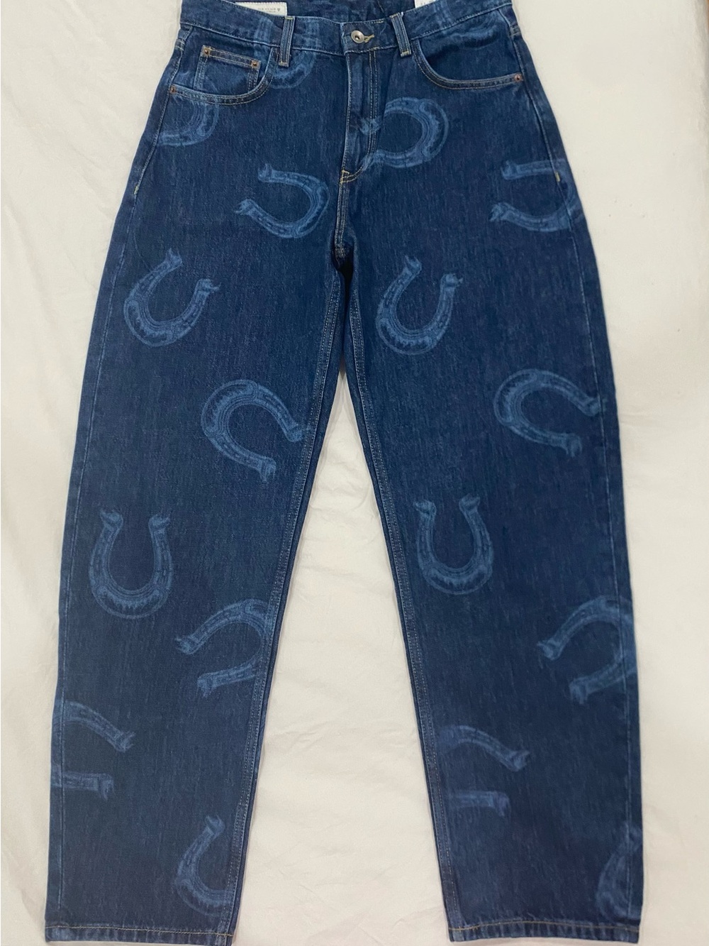 Zara Dark Blue Straight-Leg Horseshoe Printed Cowboy Western Denim Jeans
